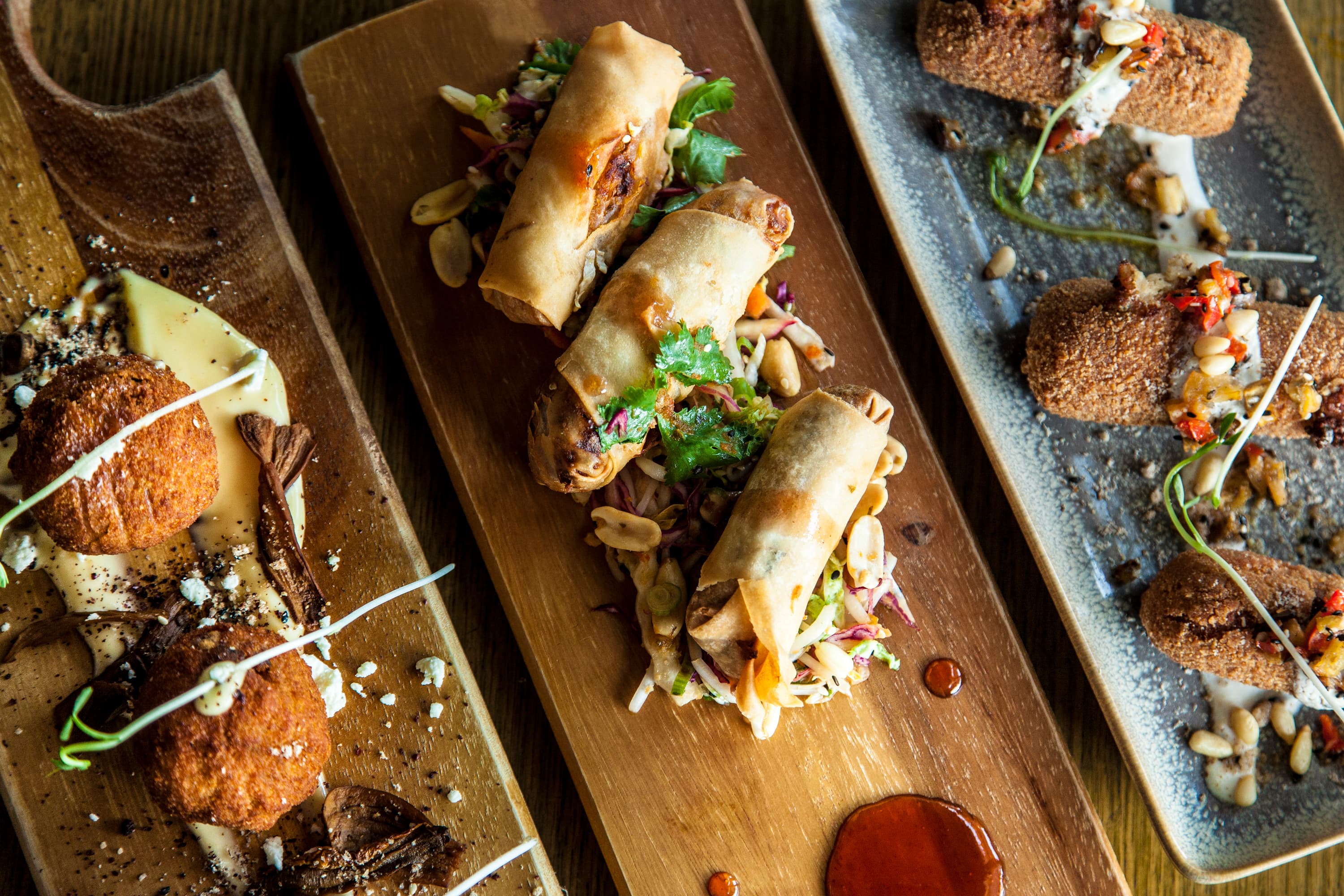 Egg rolls, arancini, and croquettes by Niche on bridge café, Richmond