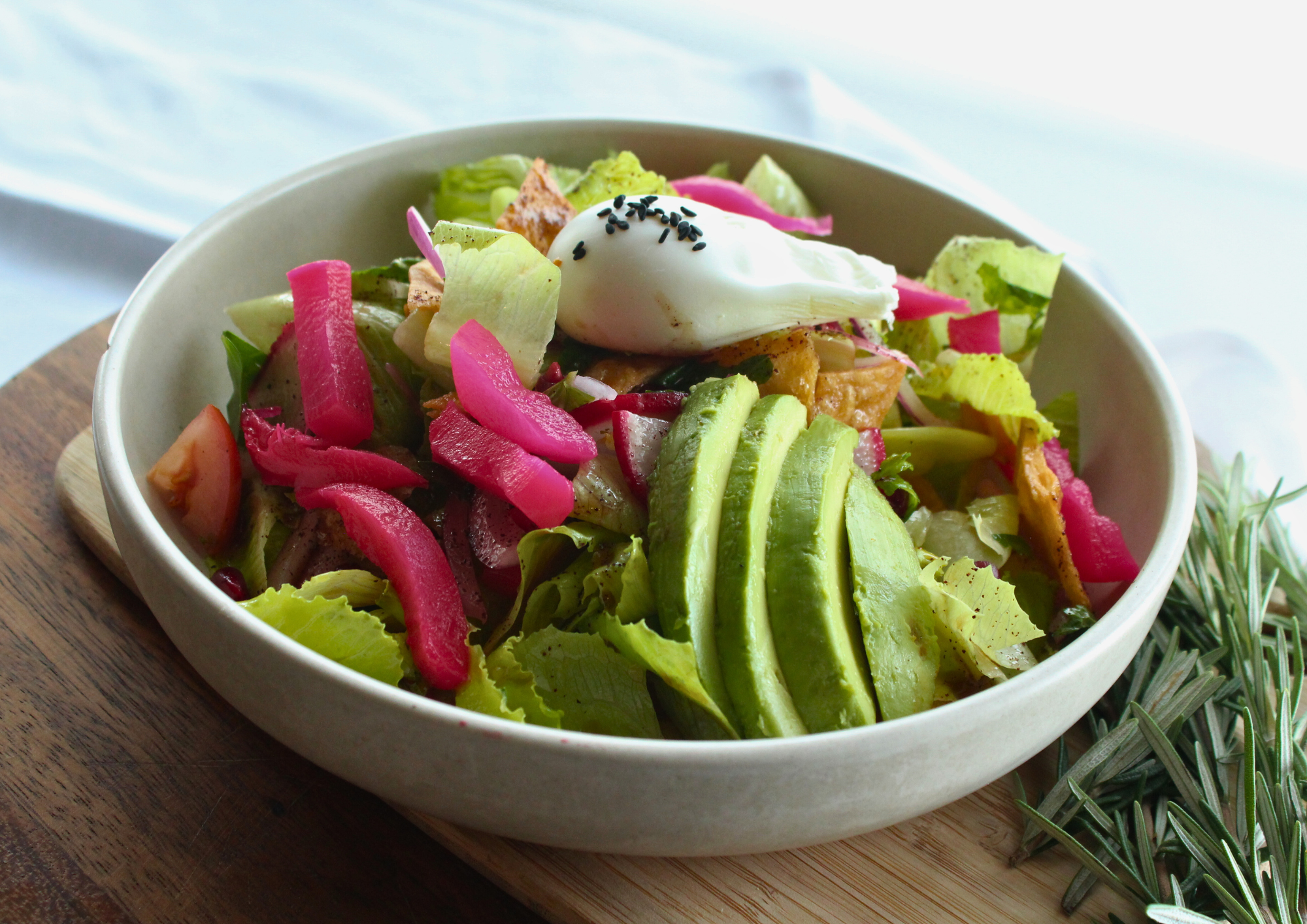 Fatouse salad at Niche on bridge café, Richmond